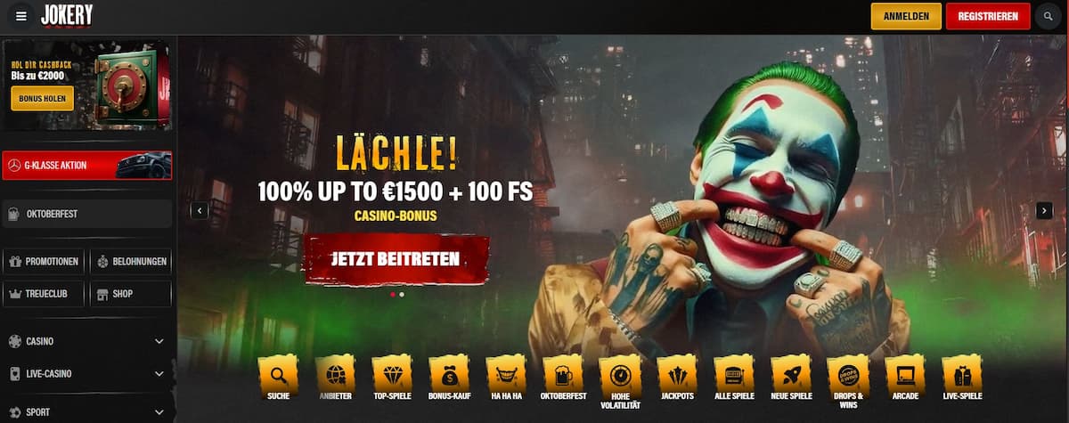 Jokery: Online-Casino-Paket: 100 % Bonus bis zu 1.500 €, dazu 100 Freispiele und ultraschnelle e-Wallet-Auszahlungen – über 9.000 Games für echte Spielvielfalt.