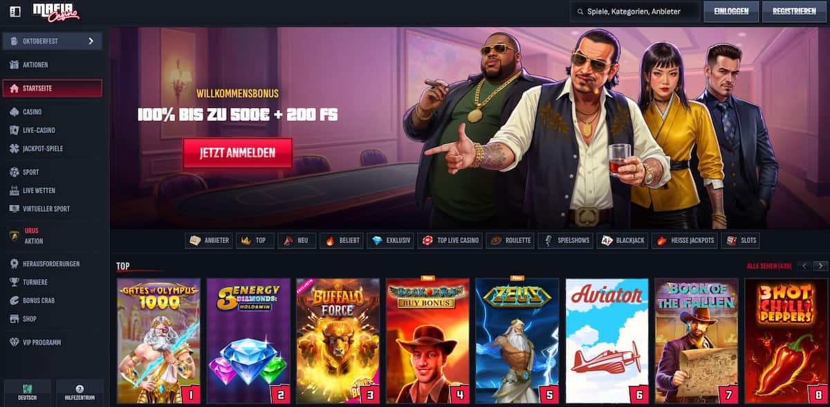 Mafia Casino: Online-Casino-Paket: 100 % Bonus bis zu 500 € und 200 Freispiele, dazu Bonus Crab, VIP-Stufen und 7.500 Games – themenscharf für echte Highroller.