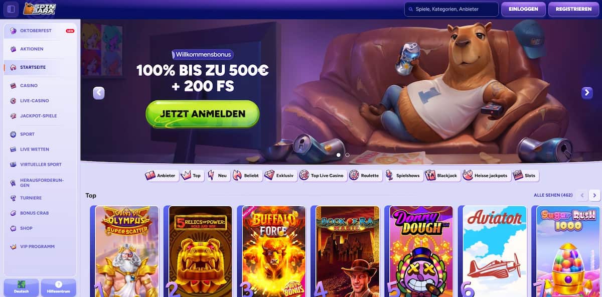 SpinaBara: Online-Casino-Paket: 100 % Willkommensbonus bis 500 € + 200 Freispiele, 11.000+ Games, Sportwetten und faire 1x Umsatzbedingung – Reloads am Wochenende inklusive.