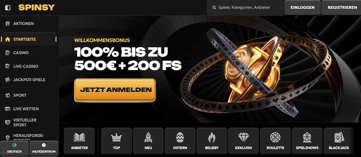 Spinsy Casino-Online-Casino-Paket: 100 % Anmeldebonus bis 500 € und 200 Freispiele, plus 13.000+ Titel, Coin-Treueprogramm & Live-Cashback – ultraschnelle Krypto-Auszahlungen garantiert.